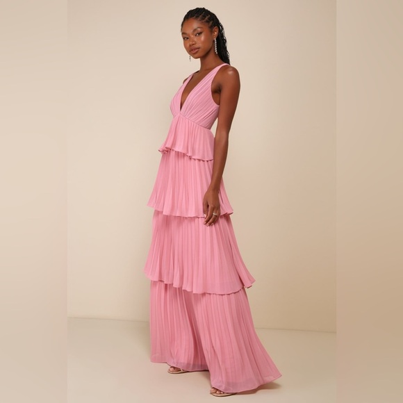 Size S - Lulus Mesmerizing Essence Pink Pleated Backless Tiered Maxi Dress - Picture 5 of 8